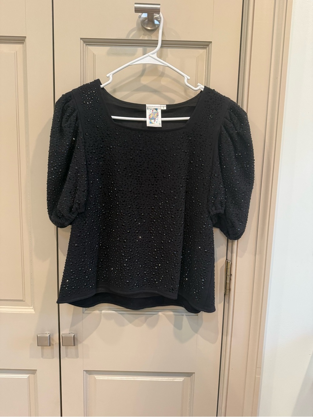 QUEEN OF SPARKLES Black Beaded Puff-Sleeve Top- Size Small